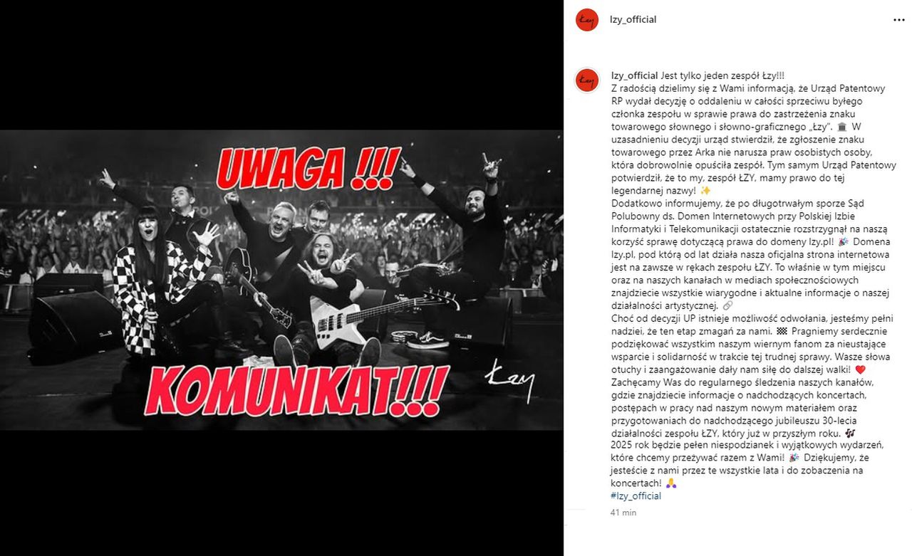 Wpis zespołu Łzy na Instagramie