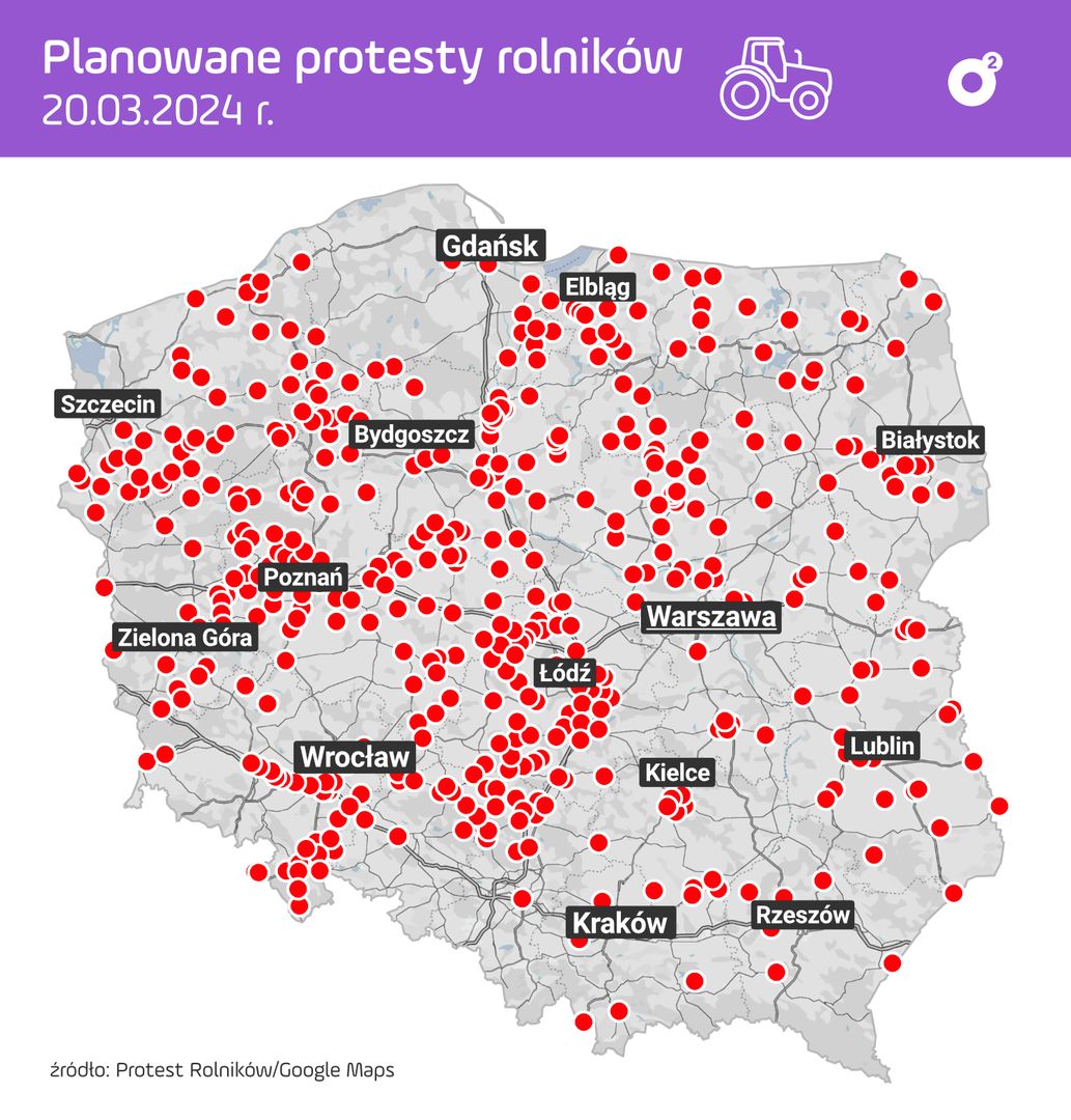 Schematyczna mapa protestów rolniczych w kraju