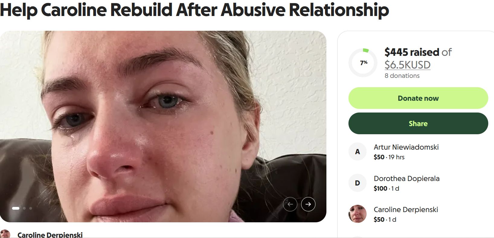Caroline Derpienski sama wpłaciła pieniądze na swoją zbiórkę