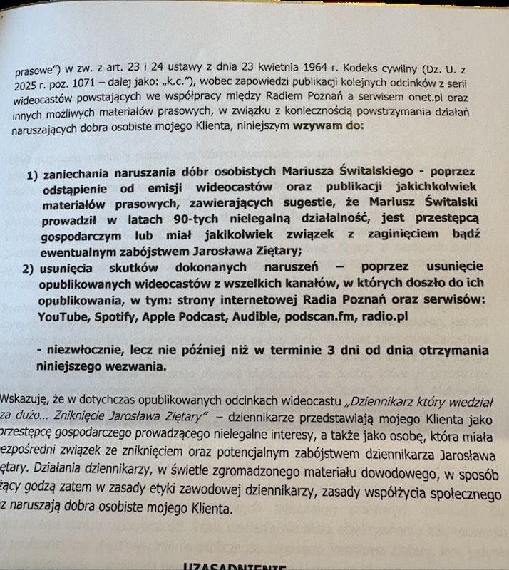 Scan pisma do Radia Poznań od pełnomocnika Mariusza Świtalskiego