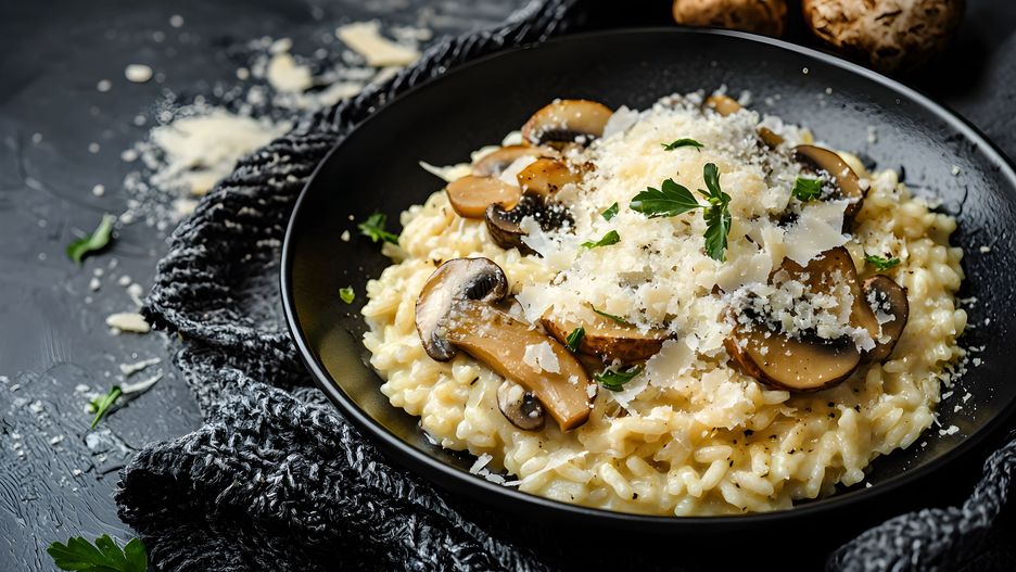 risotto, mushrooms, parmesan, creamy, pasta, dish, meal, food, culinary, garnish, parsley, texture, gourmet, cooking, italian cuisine, dinner, recipe, ingredients, plate, dining, restaurant, chef, flavors, vegetarian, black plate, savory, dishes, home cooking, kitchen, delicious, appetizing, preparation, dining table, herbs, side dish