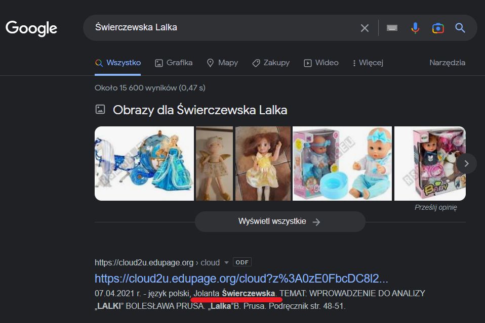 Wynik wyszukiwania w Google