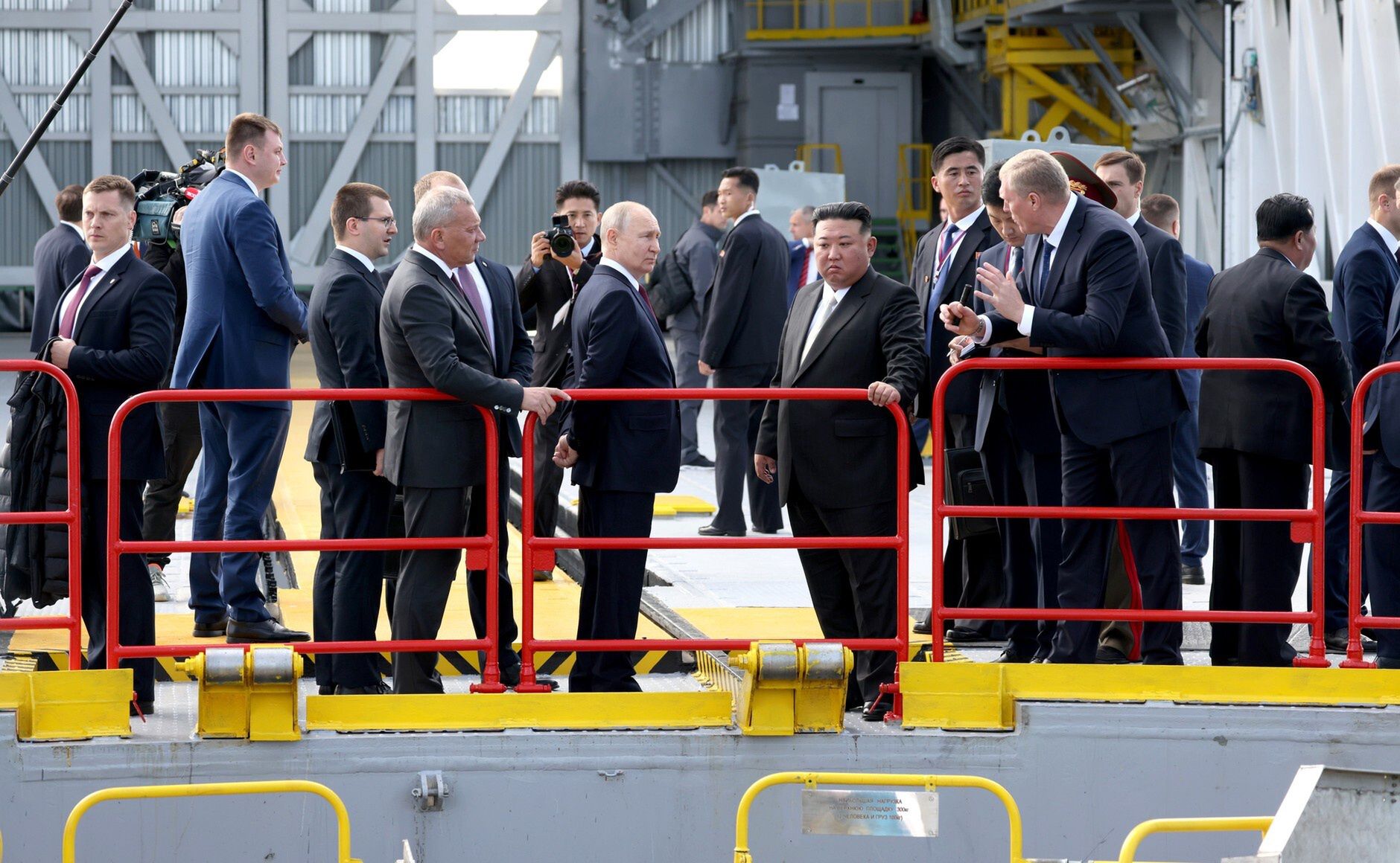 AMUR REGION, RUSSIA - SEPTEMBER 13: (----EDITORIAL USE ONLY - MANDATORY CREDIT - 'KREMLIN PRESS OFFICE / HANDOUT' - NO MARKETING NO ADVERTISING CAMPAIGNS - DISTRIBUTED AS A SERVICE TO CLIENTS----) Russian President Vladimir Putin (C-L) and North Korean leader Kim Jong-Un (C-R) inspect the Russian spaceport Vostochny Cosmodrome in Russia's Amur region in the Far East on September 13, 2023. North Korean leader Kim Jong-Un said on Wednesday that relations with Russia are 'the very first priority' for his country. Putin and Kim then visited several facilities of the cosmodrome and also examined the construction of the new infrastructure. (Photo by Kremlin Press Office / Handout/Anadolu Agency via Getty Images)