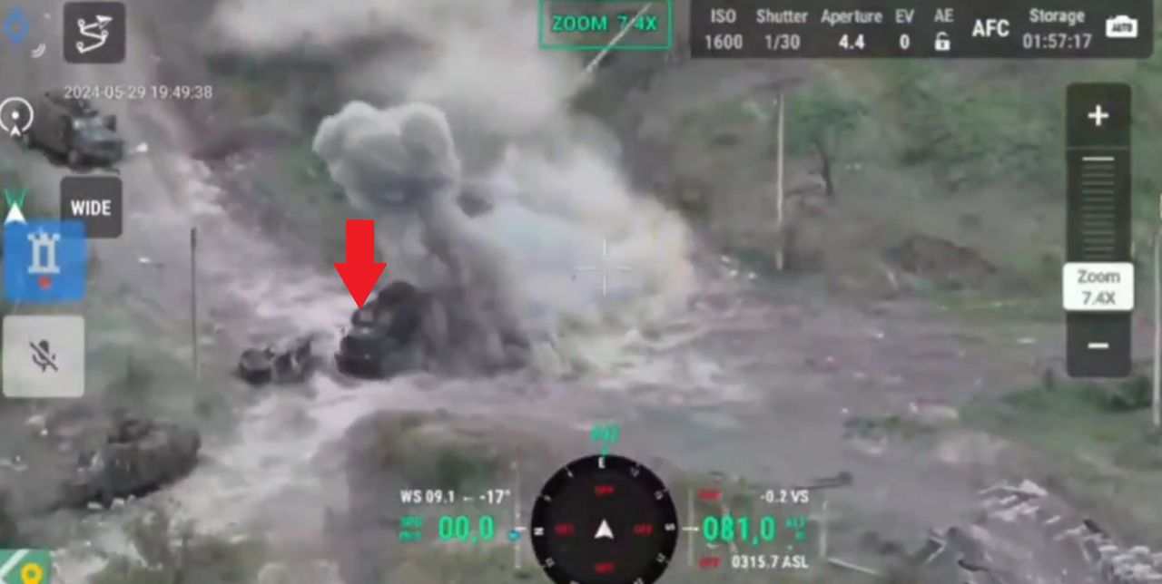 A Ukrainian MaxxPro MRAP on its way to retrieve a wounded soldier attacked by a swarm of Russian FPV drones.
