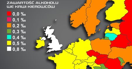 Dopuszczalne stężenie zawartości alkoholu we krwi w wybranych krajach Europy
