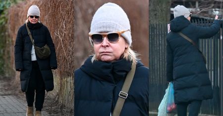 Zamyślona Barbara Bursztynowicz snuje się po mieście, taszcząc siatę z pomarańczami