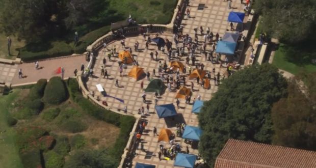 Protesters set up tents on the UCLA campus on June 10, 2024.