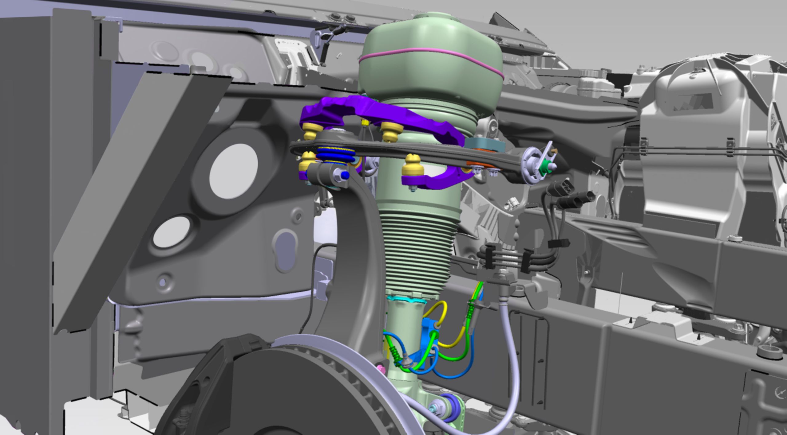 Model 3D zawieszenia planarnego. Dodatkowy amortyzator i wahacz widać nad tradycyjnym układem (fot. Rolls-Royce)