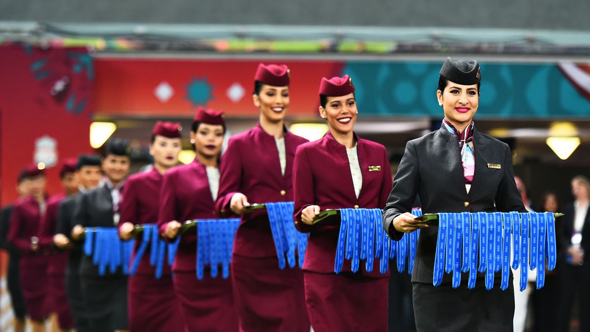 DOHA, QATAR - DECEMBER 21: Qatar Airways flight crew prepare for the closing ceremony after the FIFA Club World Cup 2019 final match between Liverpool FC and CR Flamengo at Khalifa International Stadium on December 21, 2019 in Doha, Qatar. (Photo by Tom Dulat - FIFA/FIFA via Getty Images)