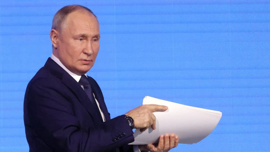 MOSCOW, RUSSIA - NOVEMBER 24: (RUSSIA OUT) Russian President Vladimir Putin gestures during the Artificial Intelligence Journey 2023 on November 24, 2023, in Moscow, Russia. Putin took part in the forum on artificial intelligence, hosted by Sberbank. (Photo by Contributor/Getty Images)