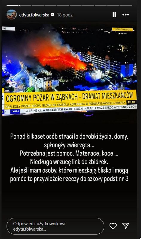 Edyta Folwarska zaapelowała w sprawie pożaru 