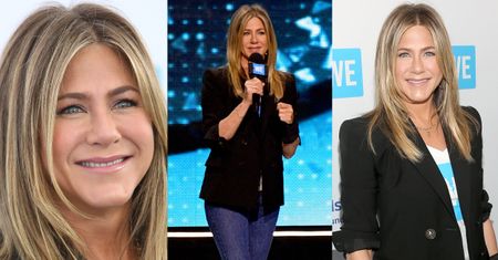 Uśmiechnięta Aniston z ortezą nadgarstka