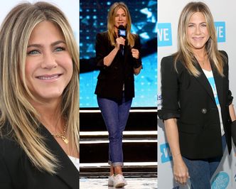 Uśmiechnięta Aniston z ortezą nadgarstka