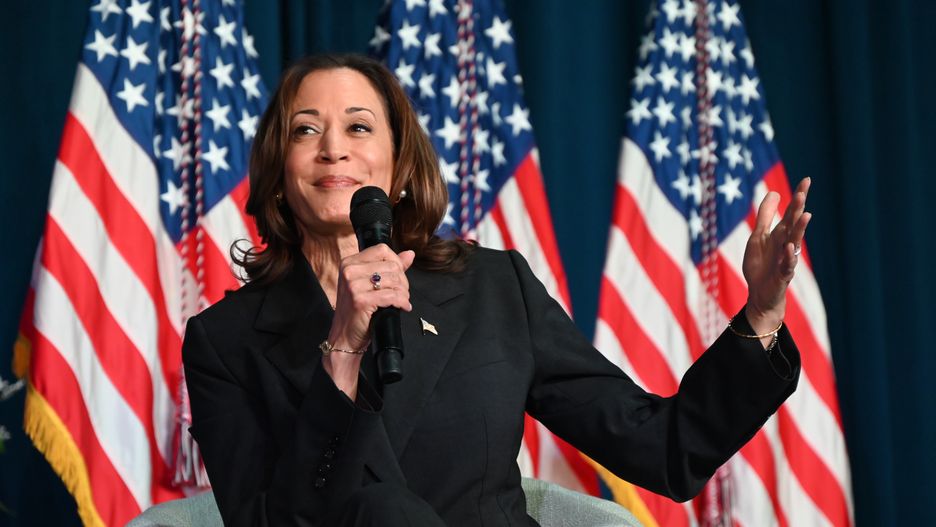 MICHIGAN, UNITED STATES - JULY 17: Vice President of the United States Kamala Harris participates in a discussion with former Trump-Pence administration official Olivia Troye (not seen) and Amanda Stratton (not seen) in Portage, Michigan, United States on July 17, 2024. (Photo by Kyle Mazza/Anadolu via Getty Images)