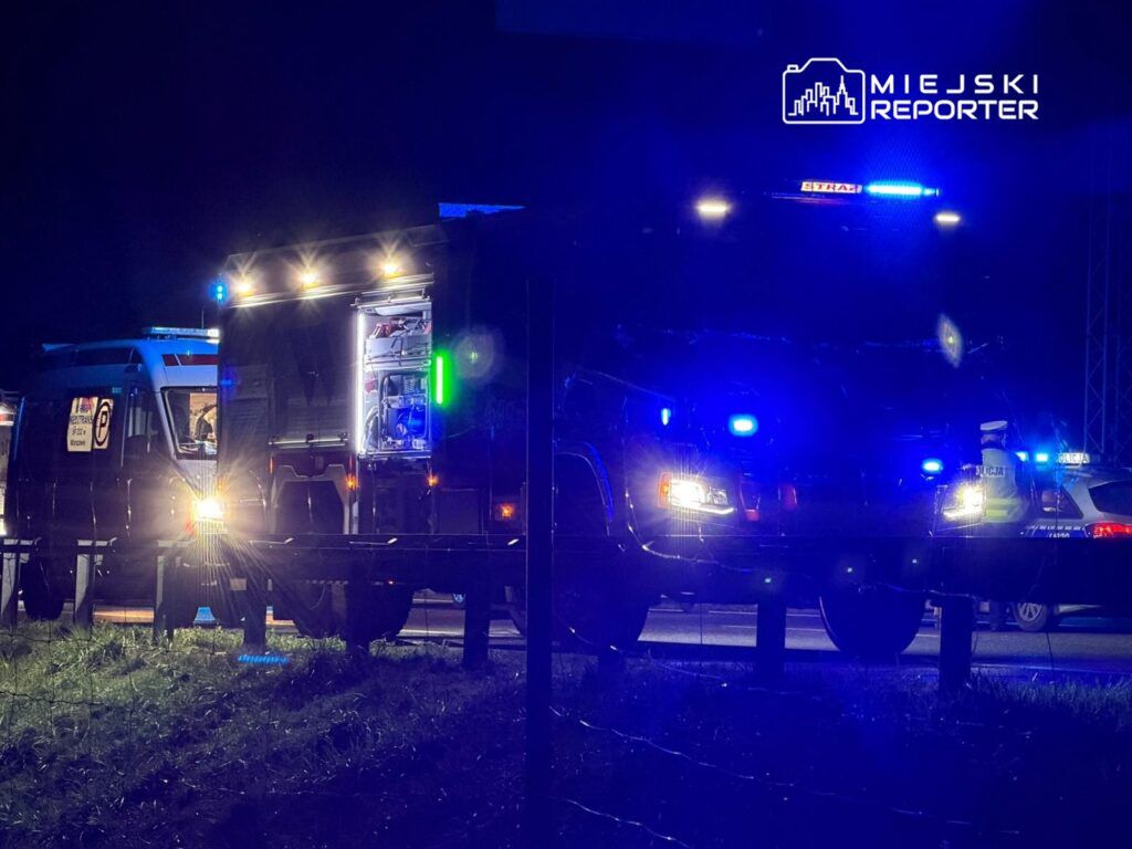 Pojazdy służb ratunkowych z włączonymi sygnałami świetlnymi na drodze w nocy.