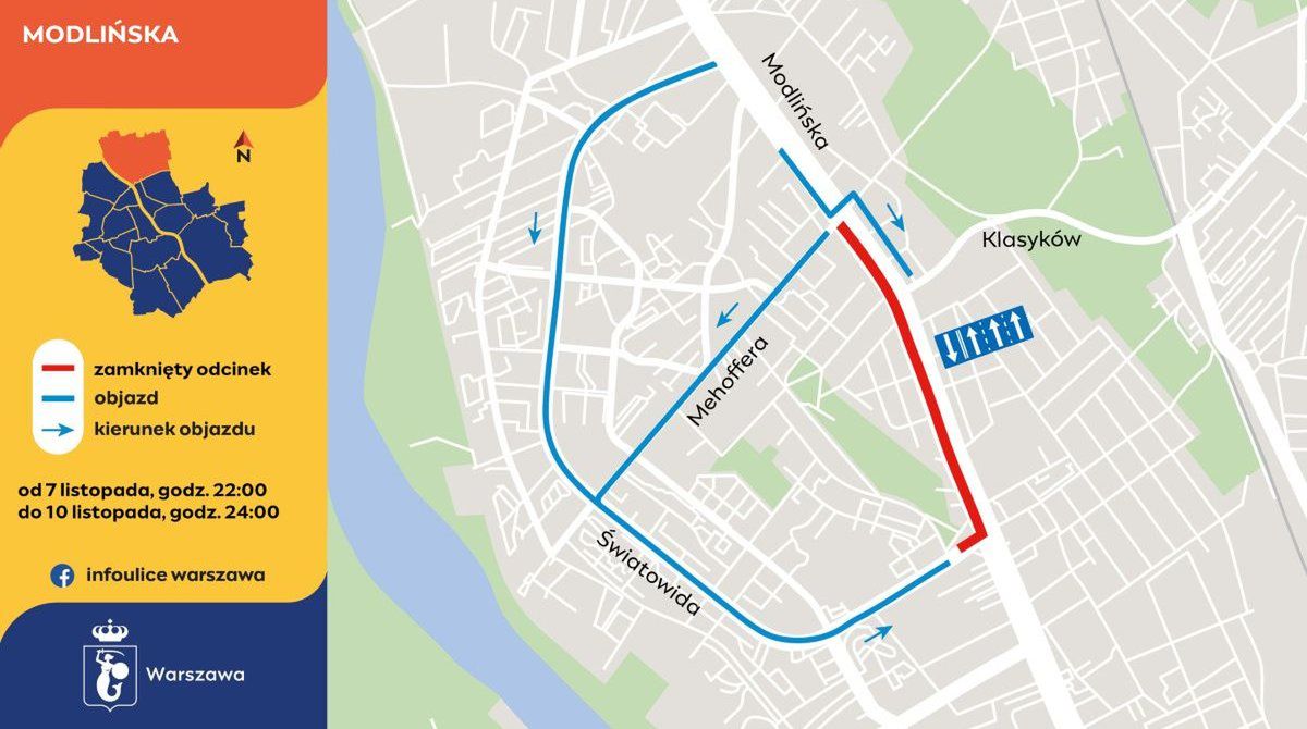 Warszawa: Objazdy i utrudnienia na Modlińskiej potrwają do środy