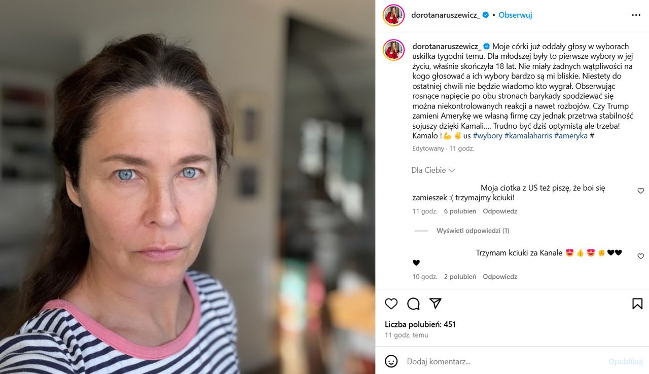 Dorota Naruszewicz skomentowała wybory w USA na Instagramie