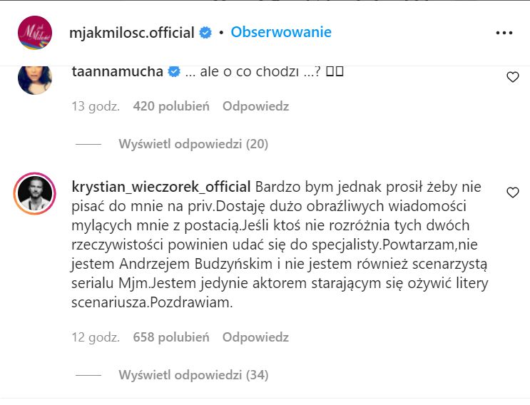 Krystian Wieczorek zwraca się do fanów "M jak miłość:
