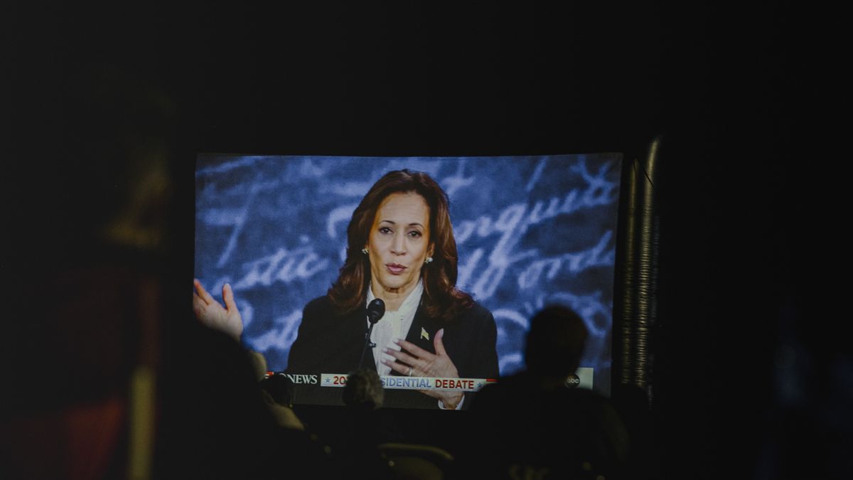 ABINGTON, PA - SEPT 10, 2024: Vice President Kamala Harris is seen a screen at a watch party at the Salem Baptist Church of Abington in Abington, PA., on Tuesday, September 10, 2024.

(Hannah Yoon for The Washington Post via Getty Images)