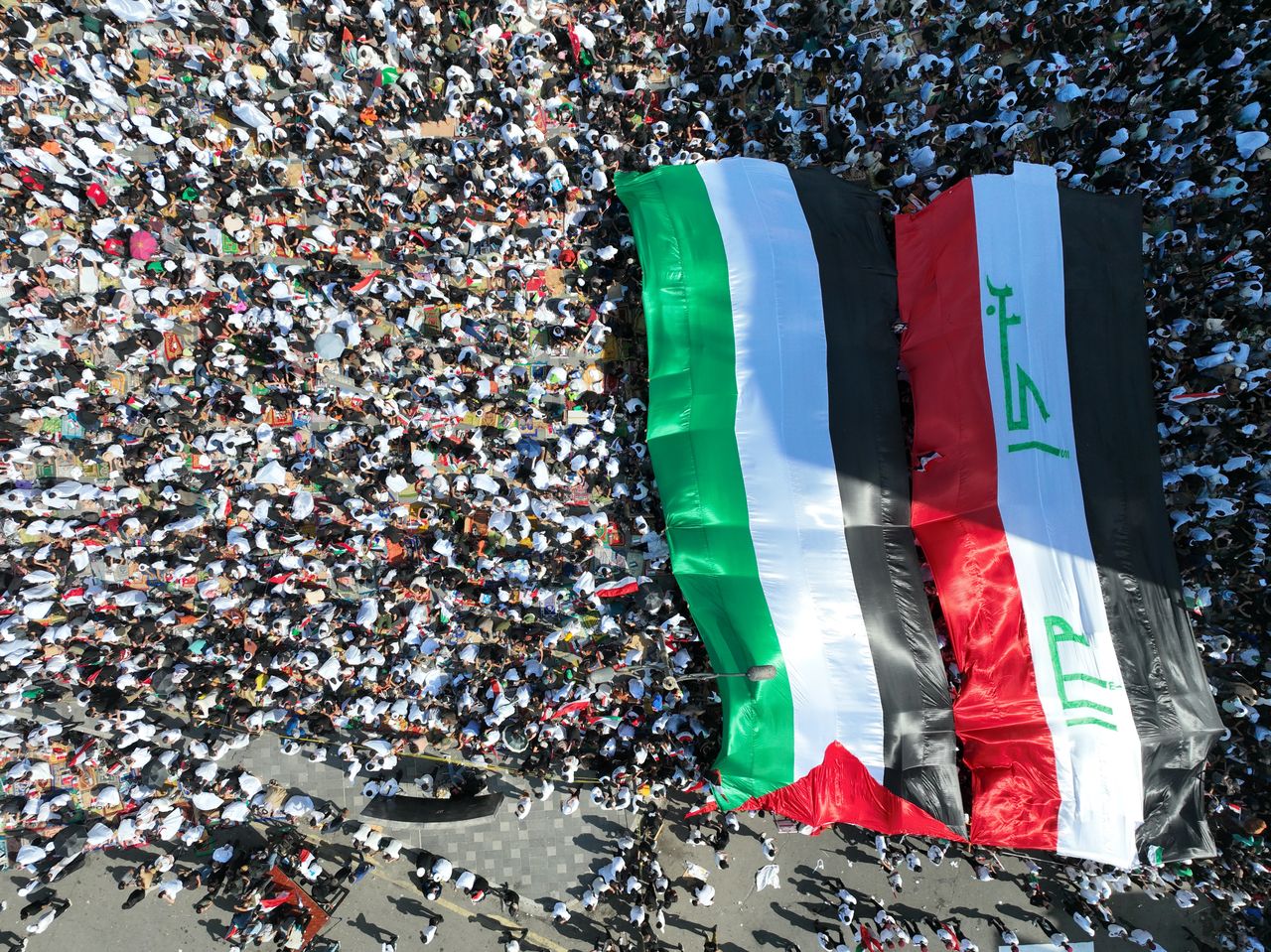 An aerial view of the demonstration in support of pro-Palestine at the al-Tahrir Square in Baghdad, Iraq
