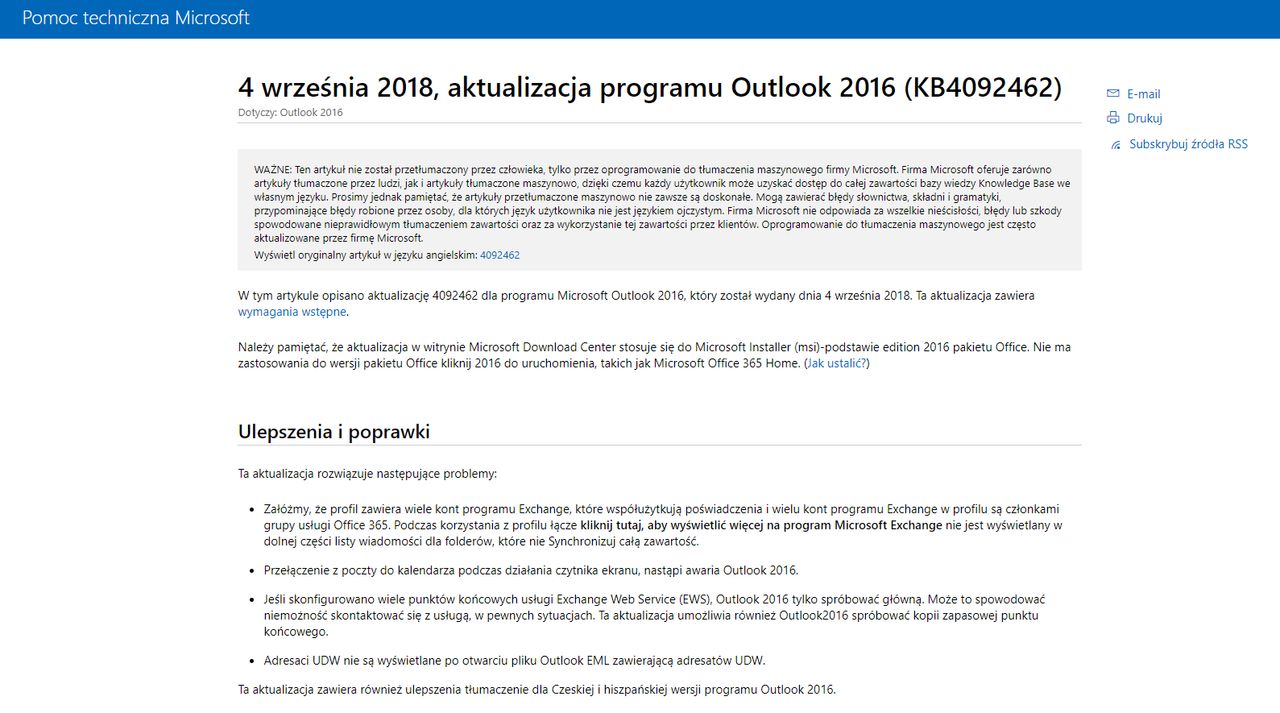 Szczegóły aktualizacji Outlooka 2016, źródło: Microsoft.