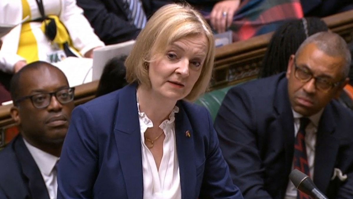 Temporary
A video grab from footage broadcast by the UK Parliament's Parliamentary Recording Unit (PRU) shows Britain's Prime Minister Liz Truss (C) speaking, flanked by, Britain's Chancellor of the Exchequer Kwasi Kwarteng (L) and Britain's Foreign Secretary James Cleverly during her first weekly Prime Minister's Questions (PMQs) session at the House of Commons, in London, on September 7, 2022. (Photo by PRU / AFP) / RESTRICTED TO EDITORIAL USE - MANDATORY CREDIT "AFP PHOTO / PRU " - NO MARKETING - NO ADVERTISING CAMPAIGNS - DISTRIBUTED AS A SERVICE TO CLIENTS
-