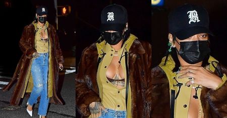 Rozgogolona Rihanna w ubraniach najbardziej ekskluzywnych marek wietrzy dekolt w drodze na randkę z ASAPem (ZDJĘCIA)