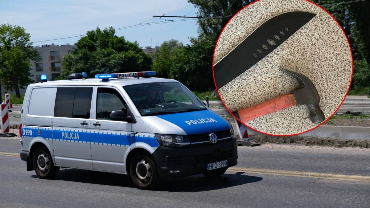 Policjanci jadący na interwencję, nóż i młotek