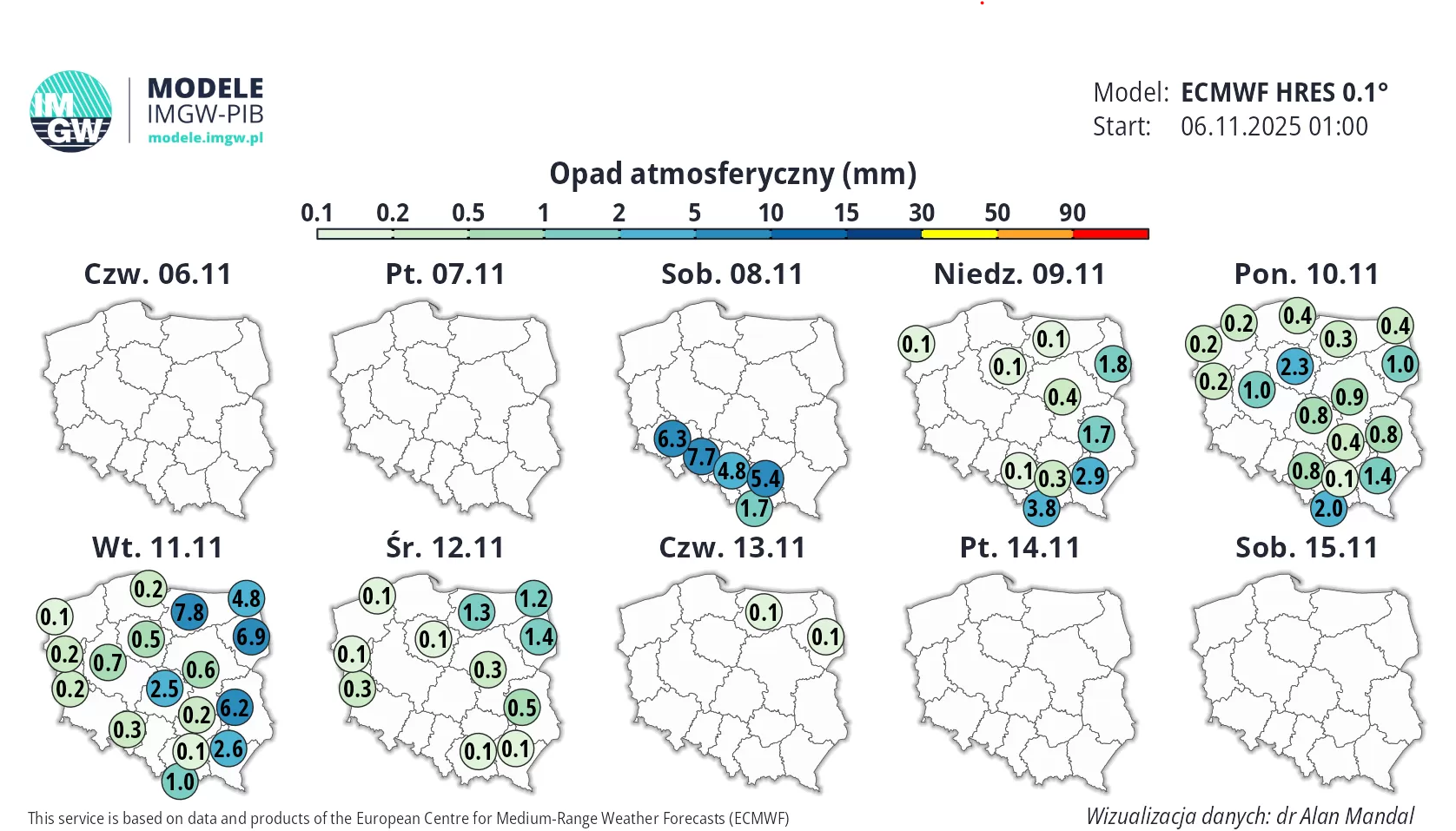 Prognoza opadów na dni 6.11-15.11. 