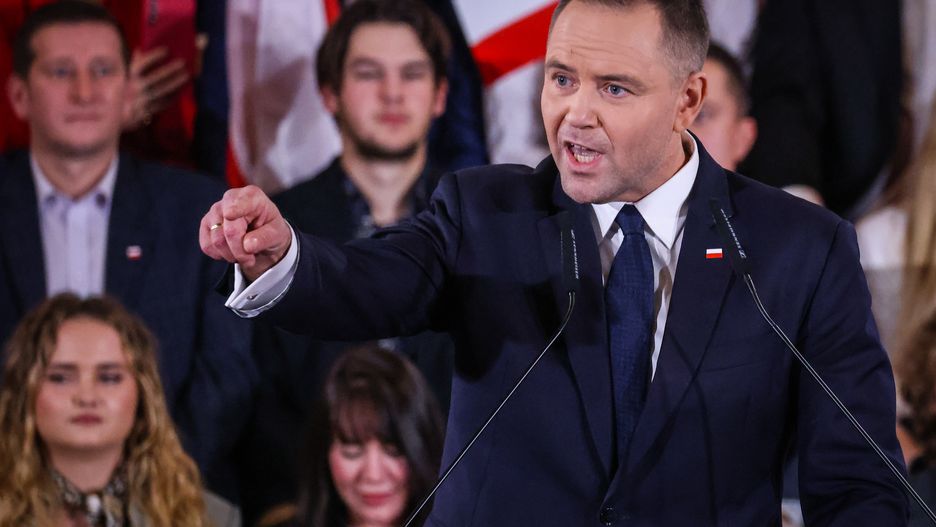 Karol Nawrocki is seen on stage at Law and Justice (PiS) party convention in Krakow, Poland on November 24th, 2024. Nawrocki, the head of Poland's state historical institute, was announced by PiS party to be a non-partisan, independent candidate for the President of the Republic of Poland in election next year.  (Photo by Beata Zawrzel/NurPhoto via Getty Images)
