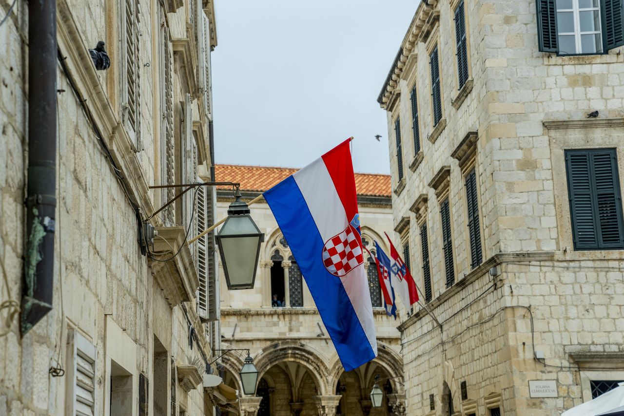 CROATIA - 2023/09/25: The Croatian national flag in the Old Town of Dubrovnik in southern Croatia. (Photo by Wolfgang Kaehler/LightRocket via Getty Images)