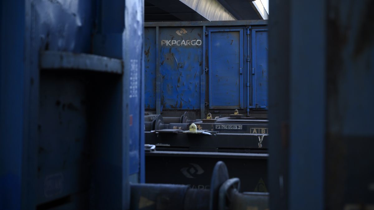 PKP Cargo freight train cars are standing parked in a yard in Warsaw, Poland, on July 30, 2024. (Photo by Aleksander Kalka/NurPhoto via Getty Images)