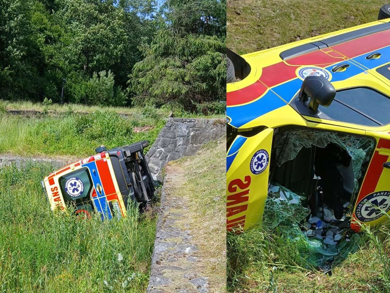 Karetka wypadła z drogi i przewróciła się w potoku. Ranni ratownicy