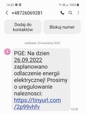 Fałszywy SMS o wyłączeniu energii elektrycznej