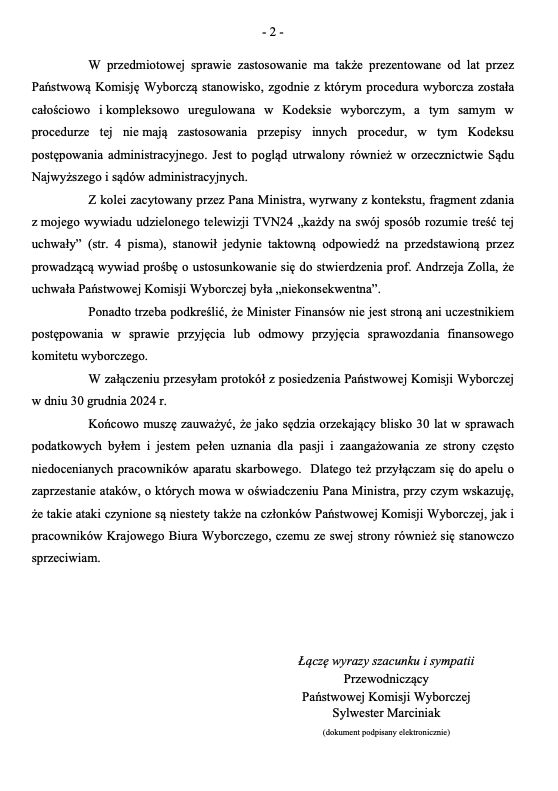 Pismo przewodniczącego PKW do ministra finansów