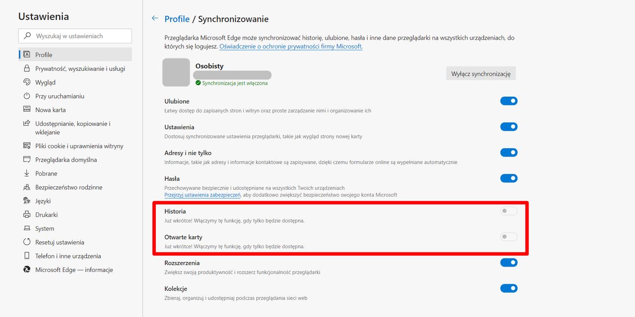 Kiedy nowe opcje trafią już do Edge'a, będą dostępne z poziomu ustawień synchronizacji, fot. Oskar Ziomek.