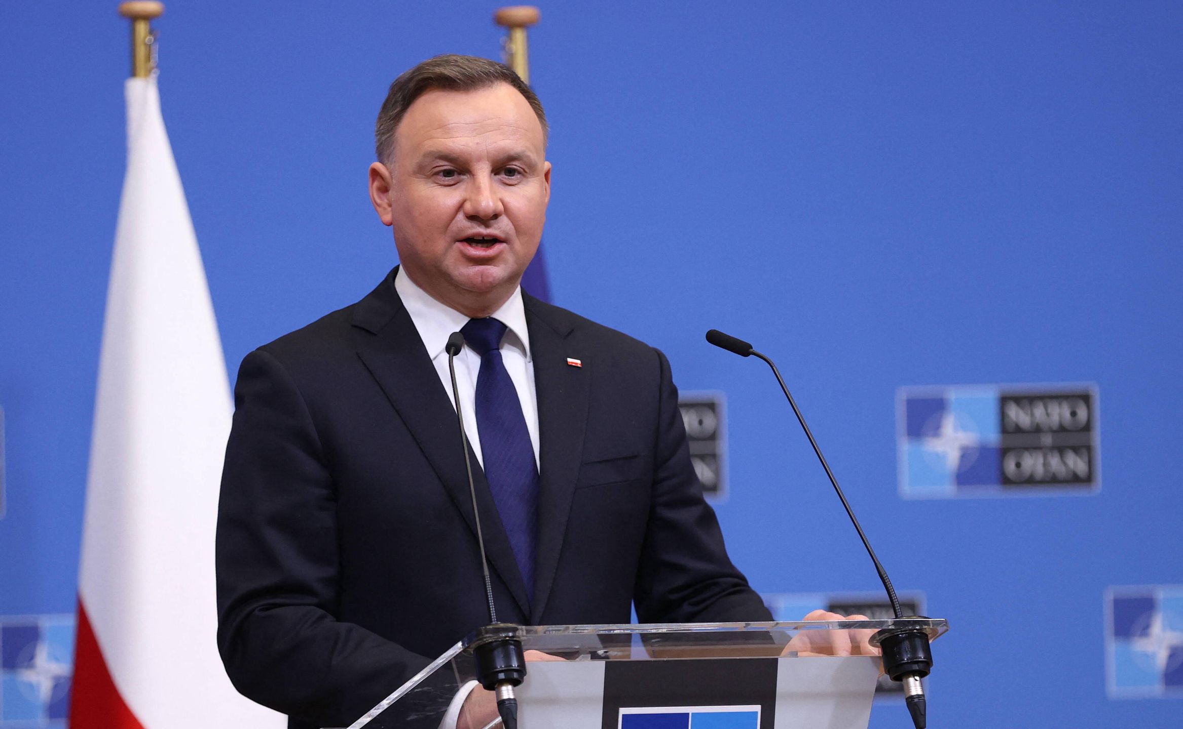 BRUSSELS, BELGIUM - FEBRUARY 07: Polish President Andrzej Duda and NATO Secretary General Jens Stoltenberg (not seen) hold a joint press conference in Brussels, Belgium on February 07, 2022. Dursun Aydemir / Anadolu Agency/ABACAPRESS.COM Dostawca: PAP/AbacaAA/ABACA2022, Belgium, Brussels, February, joint press conference, NATO Secretary General Jens Stoltenberg, Polish President Andrzej Duda