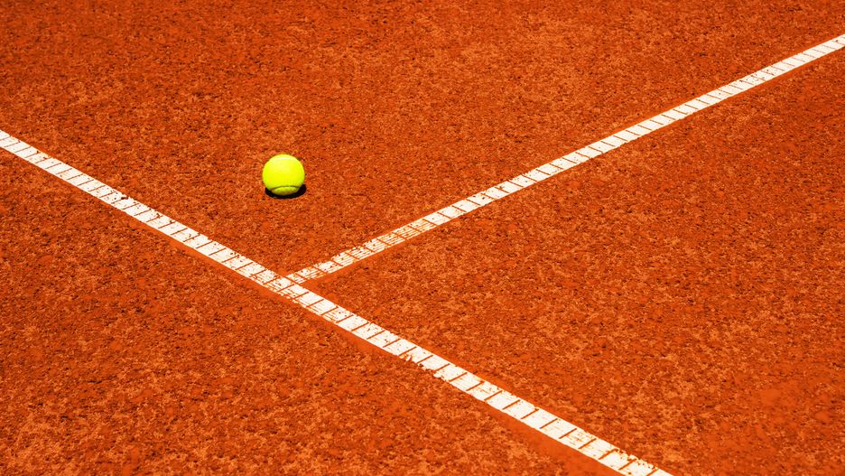 tennis court, tennis, sport, clay, ball, background, competition, line, court, white, outdoor, running track, abstract, athletics, corner, game, horizontal, individual, leisure, orange, recreation, surface