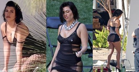 Kourtney Kardashian eksponuje figurę w ultrakrótkiej sukience i kabaretkach (ZDJĘCIA)