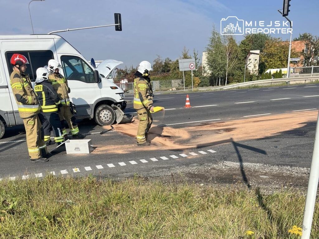 Grupa strażaków w uniformach usuwa substancję z drogi obok unieruchomionego furgonu.
