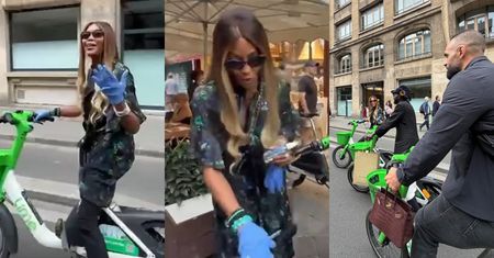 Tymczasem w Paryżu: Naomi Campbell ZDEZYNFEKOWAŁA rower i popylała nim w lateksowych rękawiczkach. Za nią gnał ochroniarz z drogą torebunią (ZDJĘCIA)