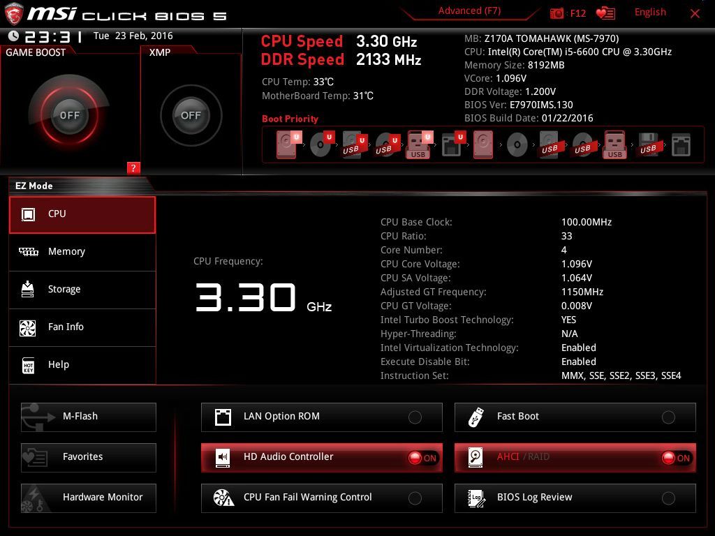 MSI Z170A Tomahawk - Click BIOS 5 tryb EZ Mode