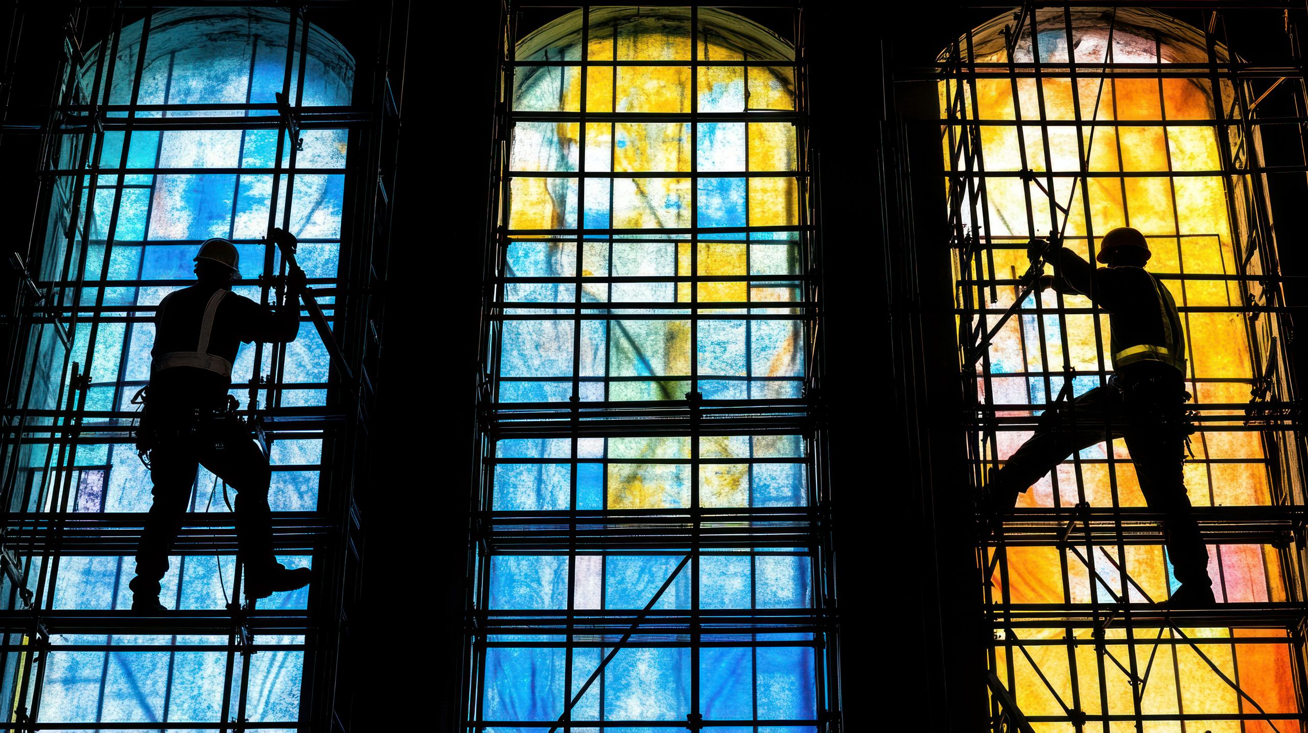 Workers on scaffolding restore stained-glass windows in a church
Your Name
stained glass, restoration, church, scaffolding, workers, windows, repair, maintenance, historic, religious, glass, construction, building, art, heritage, silhouette, detail, detail shot, interior, architecture, renovation, closeup, professional, skilled, safety, construction worker, security, protection, safety equipment, glass repair, medieval, gothic, catholic, christian, faith, faithfulness, modern, contemporary, perspective, artistic, craftsmanship, illumination, color, light, stained glass, restoration, church, scaffolding, workers, windows, repair, maintenance, historic, religious, glass, construction, building, art, heritage, silhouette, detail, detail shot, interior, architecture, renovation, closeup, professional, skilled, safety, construction worker, security, protection, safety equipment, glass repair, medieval, gothic, catholic, christian, faith, faithfulness, modern, contemporary, perspective, artistic, craftsmanship, illumination, color, light