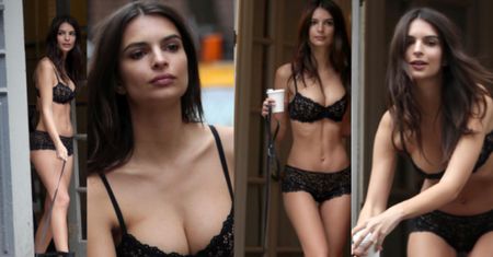Emily Ratajkowski w bieliźnie wyprowadza psa na spacer (ZDJĘCIA)
