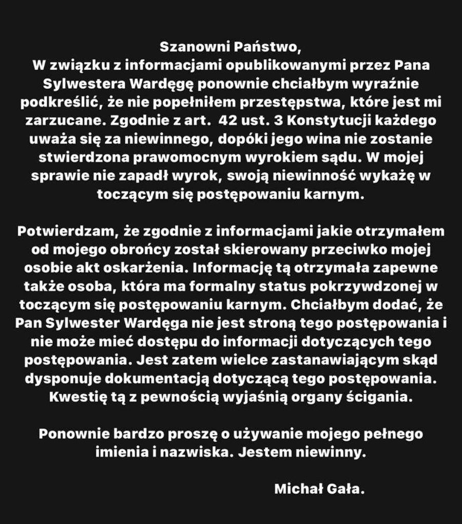 Oświadczenie Michała Gały