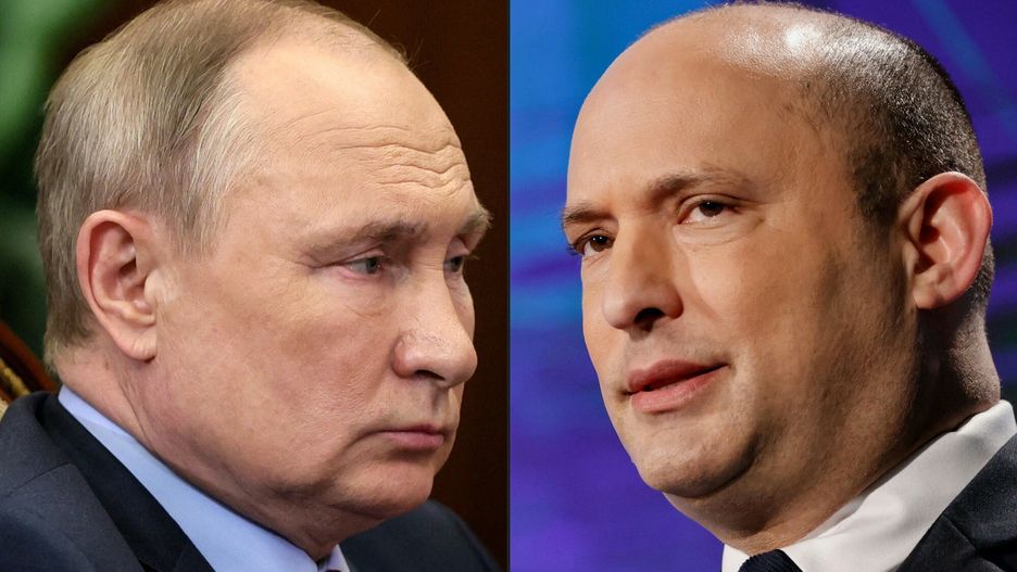 Temporary(FILES) This combination of file pictures created on March 5, 2022, shows Russian President Vladimir Putin (L) attending a meeting at the Kremlin in Moscow on March 2, 2022, and Israel's Prime Minister Naftali Bennett speaking at Mediterranean coastal city of Herzliya on November 23, 2021. - Russian President Vladimir Putin apologised on May 5, 2022 to Israeli Prime Minister Naftali Bennett for remarks made by his foreign minister who claimed Adolf Hitler may have had "Jewish blood". (Photo by Mikhail Klimentyev and JACK GUEZ / various sources / AFP)MIKHAIL KLIMENTYEV