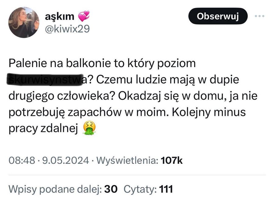 X user complaining about cigarette smoke entering her flat