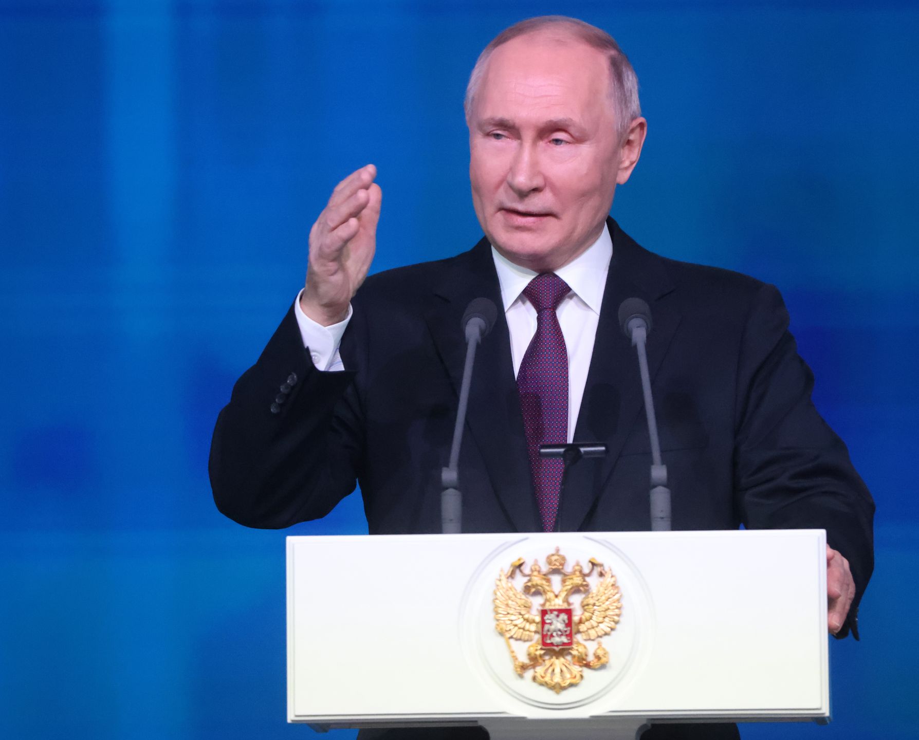 MOSCOW, RUSSIA - FEBRUARY 8: (RUSSIA OUT) Russian President Vladimir Putin speaks during his meeting with scientists at the State Kremlin Palace, on February 8, 2024, in Moscow, Russia. Russia's President Putin visited the event, marking the 300th anniversary of the Russian Academy of Sciences prior to the 2024 Presidential Elections. (Photo by Contributor/Getty Images)