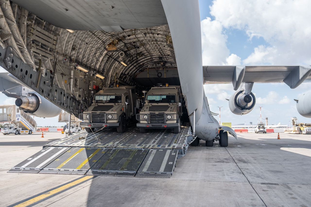 The transport of American armored vehicles MDT David landed in Israel.