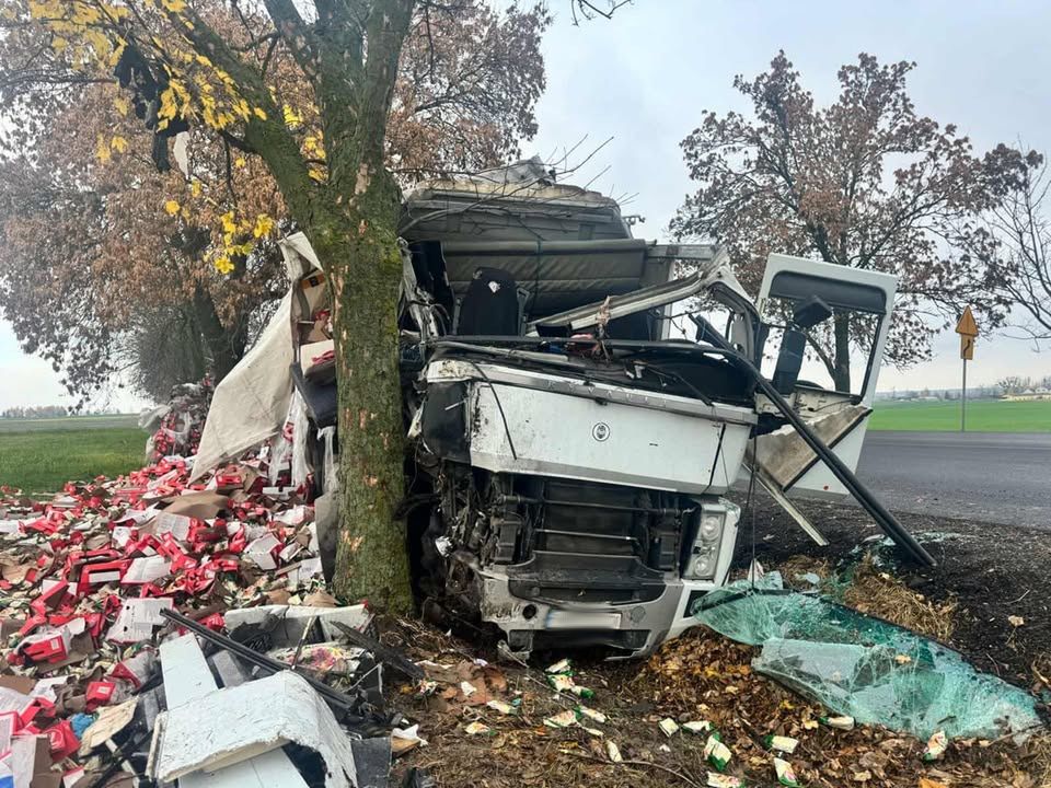 Kamionka: Ciężarówka zjechała do rowu i uderzyła w drzewo